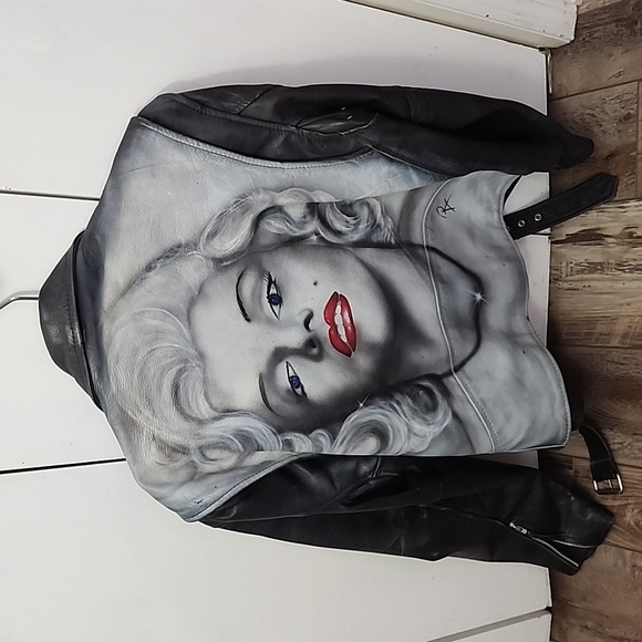 Vintage Hand Airbrushed Marilyn Monroe Leather Jacket, Unisex Size L/XL - Picture 1 of 17